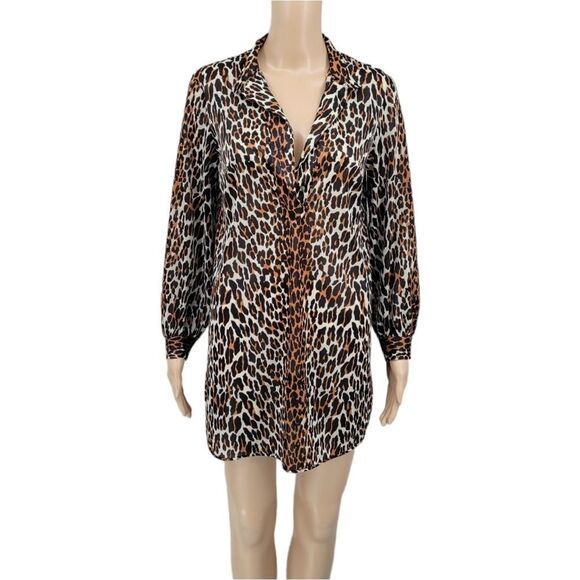 70s Leopard Print Mini Length Nightgown Chemsie with AB Rhinestone Buttons - Picture 1 of 14